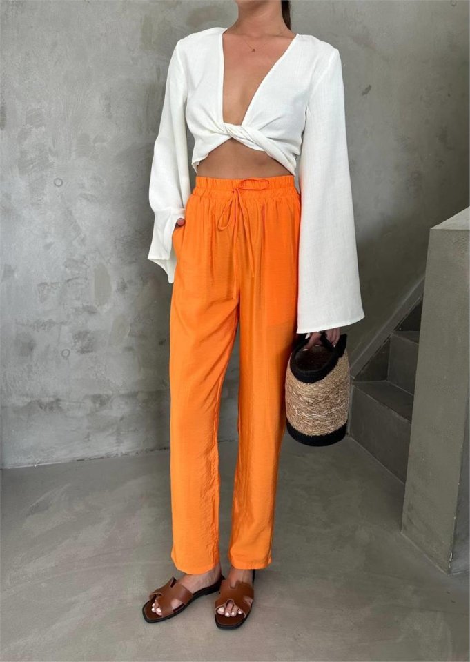 BEL LASTİK DETAYLI MODAL KUMAŞ PANTOLON - Orange (152066)