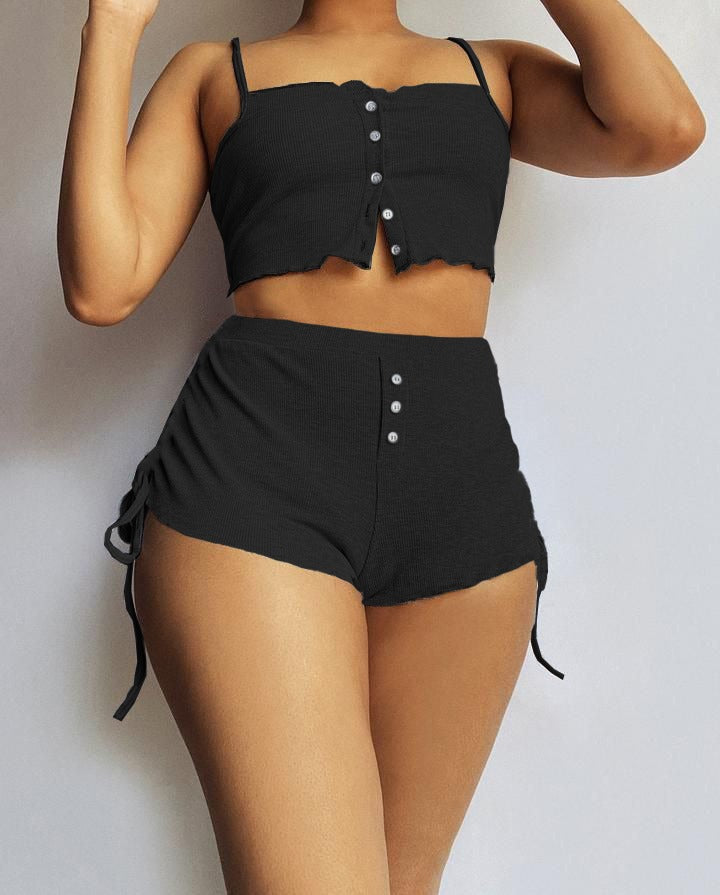 Kadın Ip Askılı Crop Bluz Ve Yanlardan Büzgülü Ikili Kaşkorse Short Takım (164212)