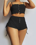 Kadın Ip Askılı Crop Bluz Ve Yanlardan Büzgülü Ikili Kaşkorse Short Takım (164212)