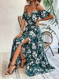 Kadın Ip Askılı Kısa Kollu Kruvaze Yakalı Yırtmaçlı Desenli Süprem Elbise (187829)