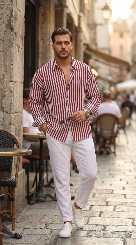 Erkek Dikey Çizgili Yarım Oversize Gömlek (184903)