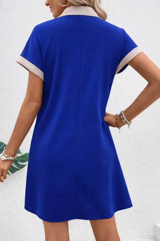 Kadın Kısa Kollu V Yakalı Onden şerit Detaylı Yakalı Kısa Janjan Krep Elbise (186637)