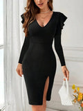 Kadın Uzun Kollu V Yakalı Yandan Yırtmaçlı Midi Ithal Krep Elbise (175661)
