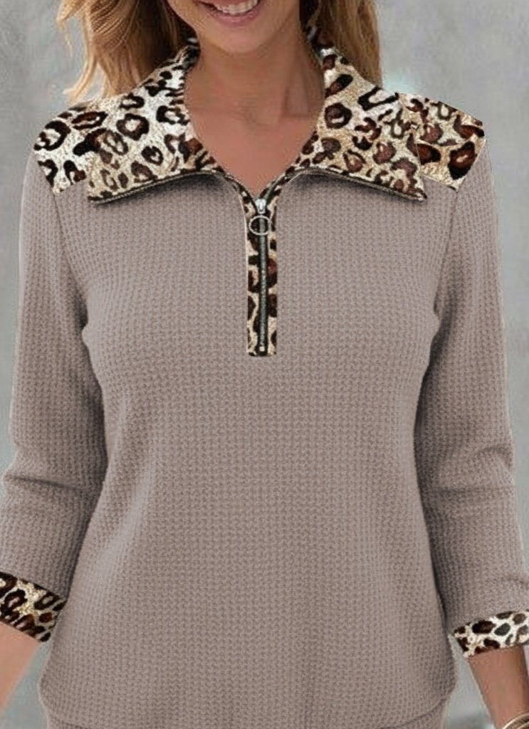 Kadın Uzun Kollu Leopar Yakalı Fermuarlı Waffle Bluz (179918)