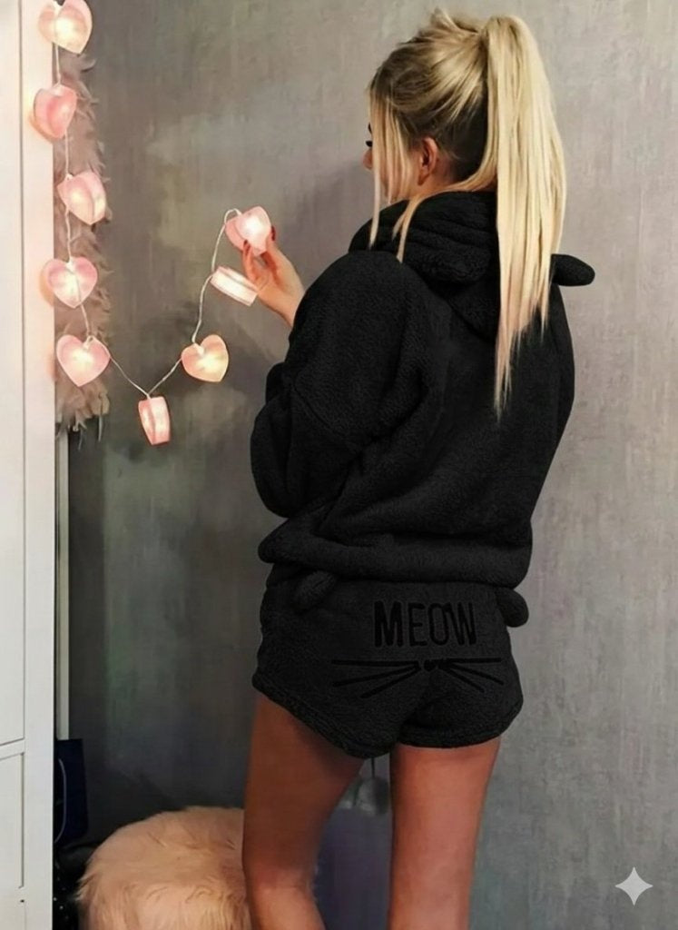 Kadın Uzun Kollu Kapşonlu Peluş Bluz Ve Kısa Short Ikili Takım (175090)
