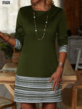 Kadın uzun kollu bisiklet yaka kol ağzı ve etek ucu baskılı iki iplik elbise