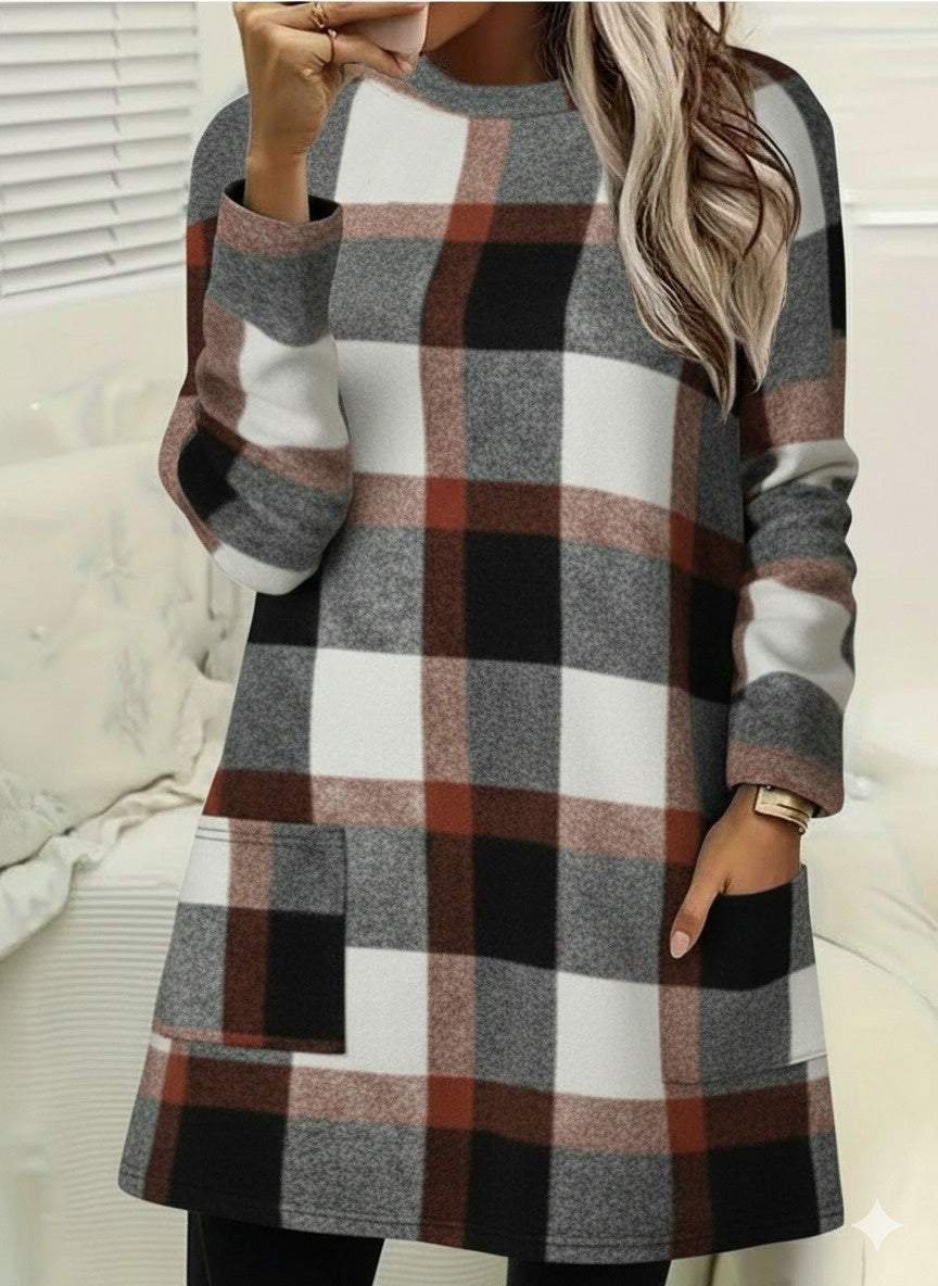 Kadın Uzun Kollu Yarı Balıkçı Yakalı Cep Detaylı Ekoseli Dokuma Tunik (179127)
