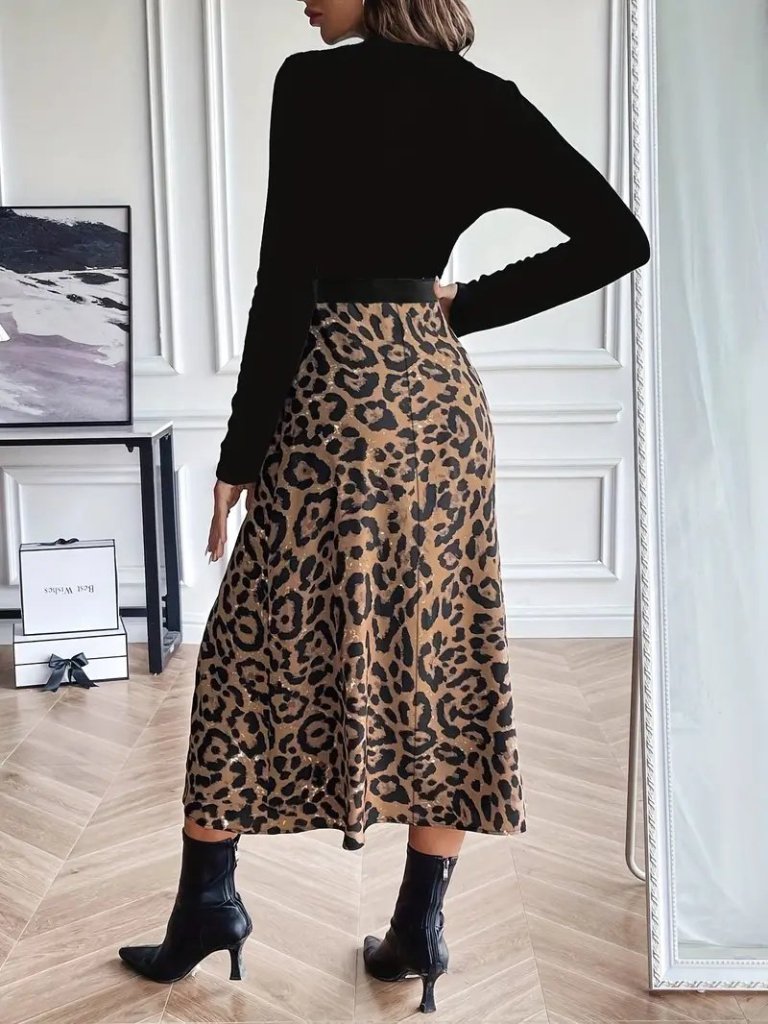 Kadın Uzun Kollu Bisiklet Yaka Ithal Krep Bluz Alt Desenli Modal Midi Elbise (176629)