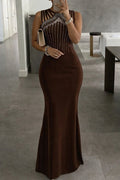 Kadın Omuz çoklu Askılı önü Taş Işlemeli Balık Kesim Janjan Krep Maxi Boy Elbise (186784)