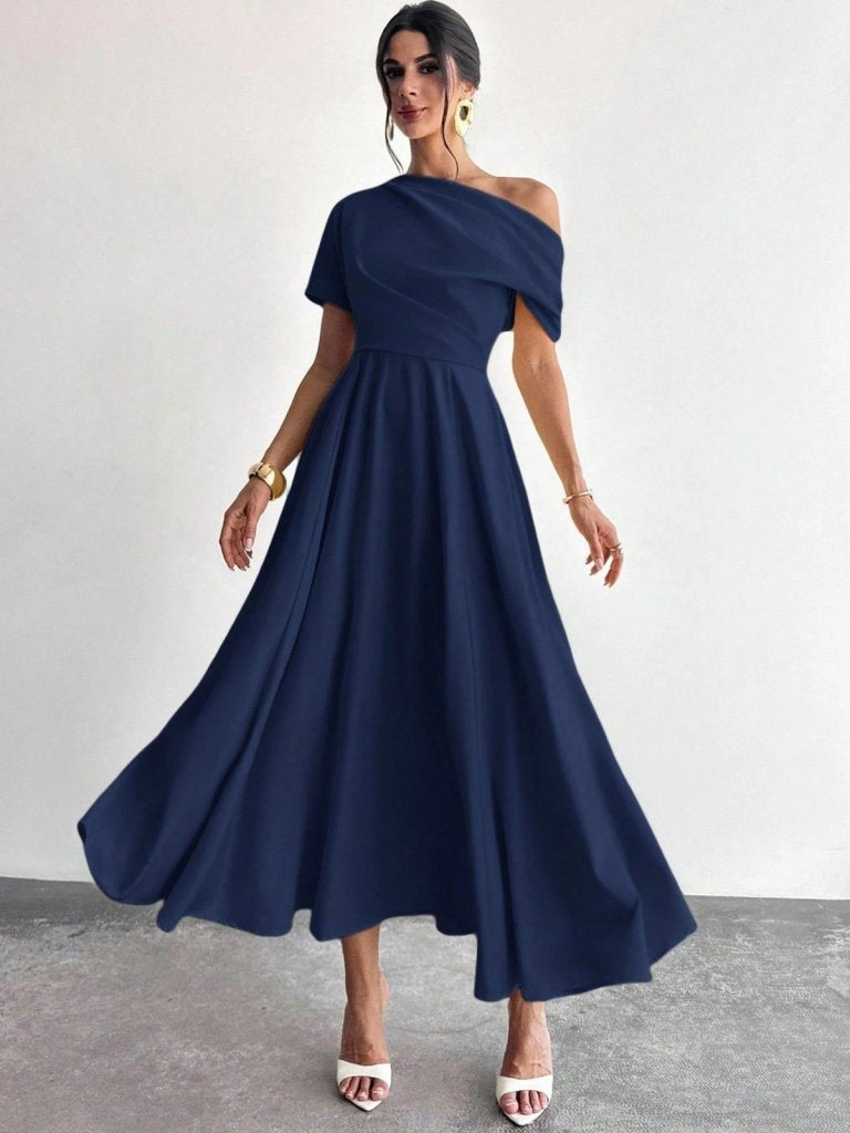 Kadın Omuzdan Açık Kısa Kollu Omuzdan Pileli Uzun Janjan Krep Elbise (186943)