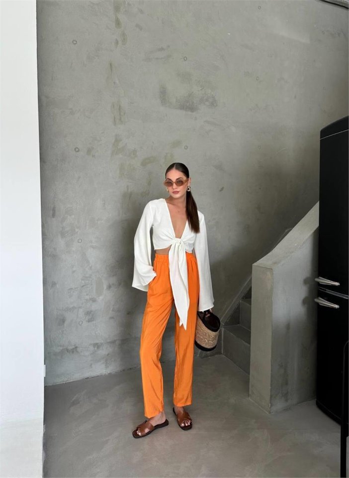 BEL LASTİK DETAYLI MODAL KUMAŞ PANTOLON - Orange (152066)