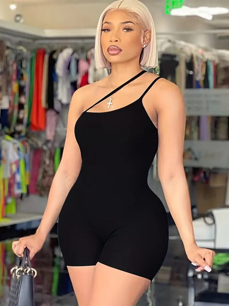 Kadın Asimetrik Askılı Mini Kaşkorse Bodycon Tulum (112903)