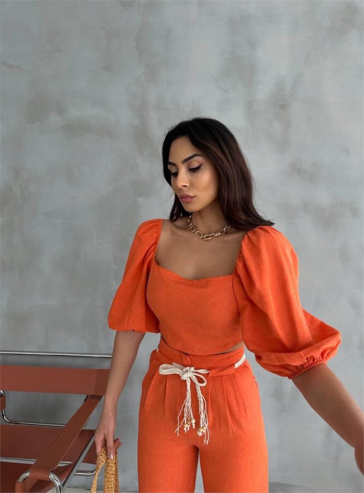 KETEN CROP KARPUZ KOL BLUZ-PANTOLON HASIR KEMERLİ - Orange (152495)