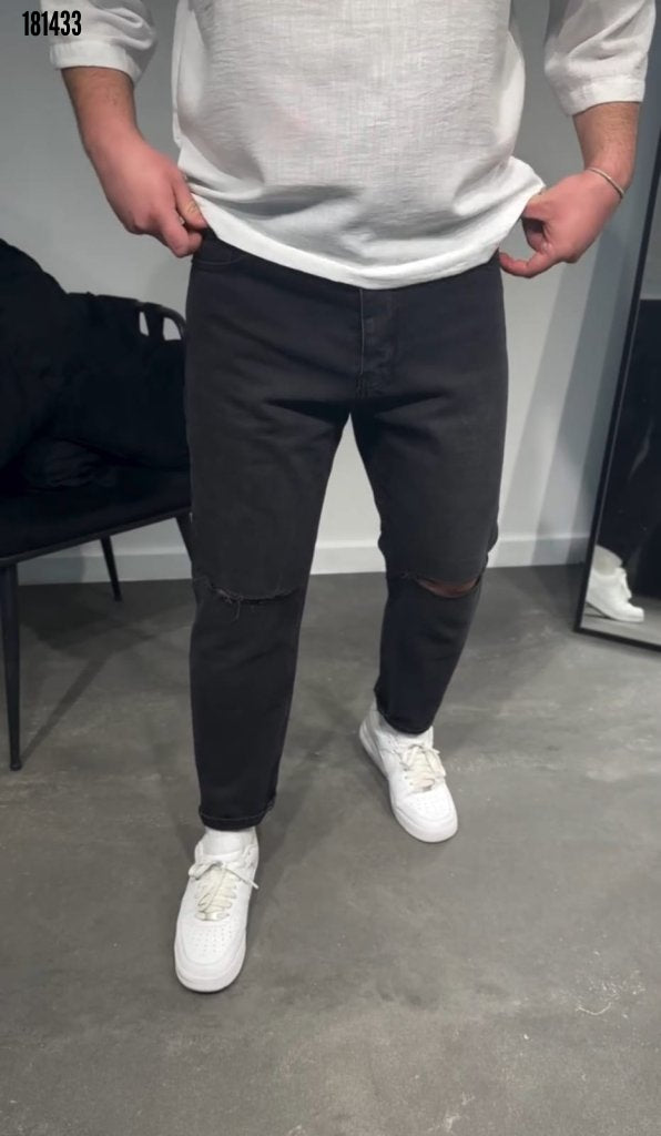 Erkek Siyah Dizi Yırtık Boyfriend Jean