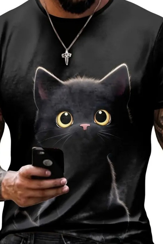 Erkek Bisiklet Yaka Kedi Baskılı Süprem T-shirt (123493)