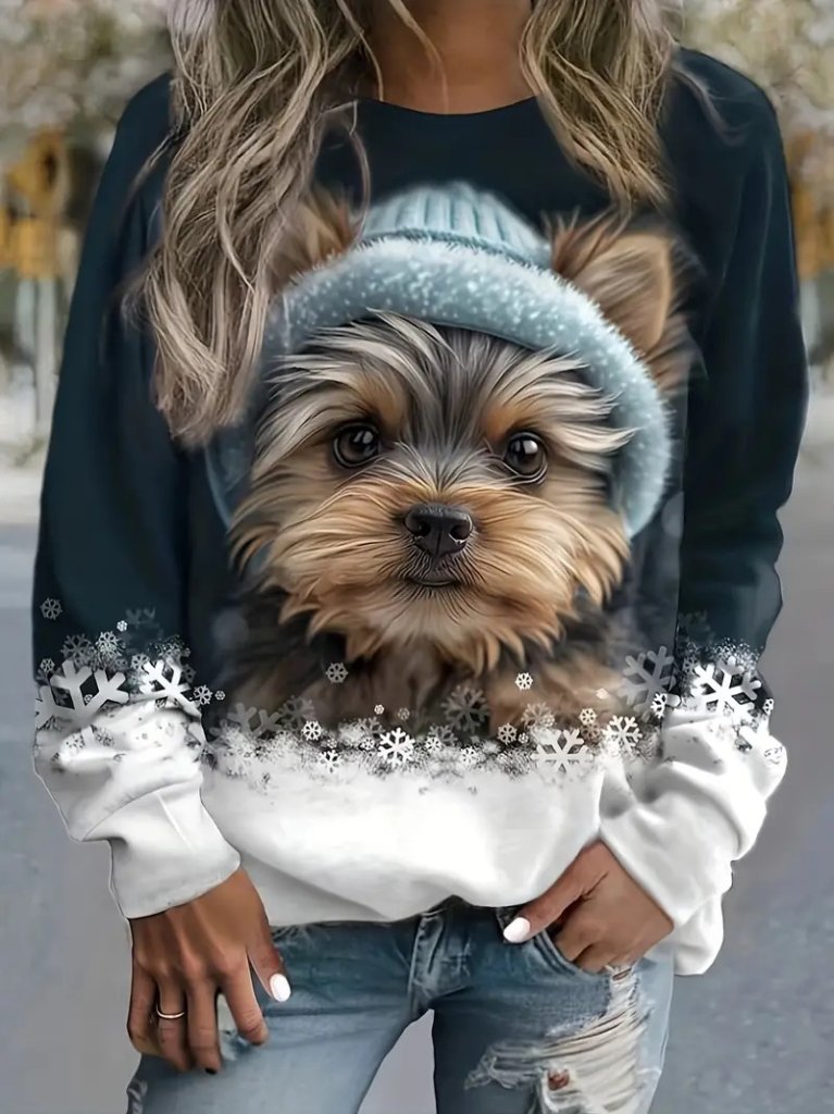 Kadın Uzun Kollu Bisiklet Yaka Köpek Baskılı Şardonlu Dalgıç Bluz (132864)