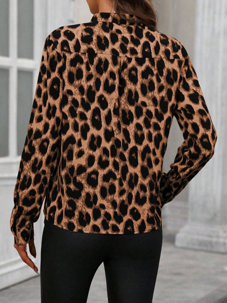 Kadın Uzun Kollu V Yakalı Leopar Desenli Modal Bluz (175233)