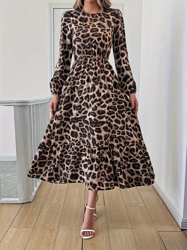 Uzun Kollu Bisiklet Yaka Leopar Desenli Midi Süprem Elbise (175234)