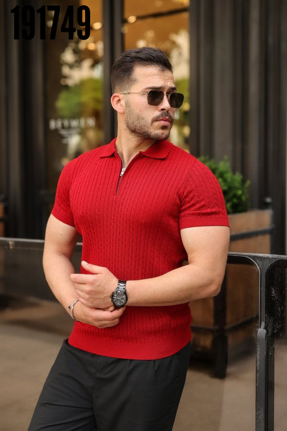 Erkek Örgü Desen Fermuar Yakalı Triko Tişört (191749)