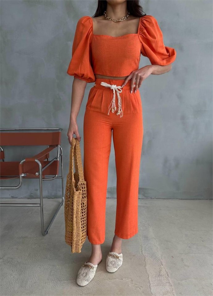 KETEN CROP KARPUZ KOL BLUZ-PANTOLON HASIR KEMERLİ - Orange (152495)