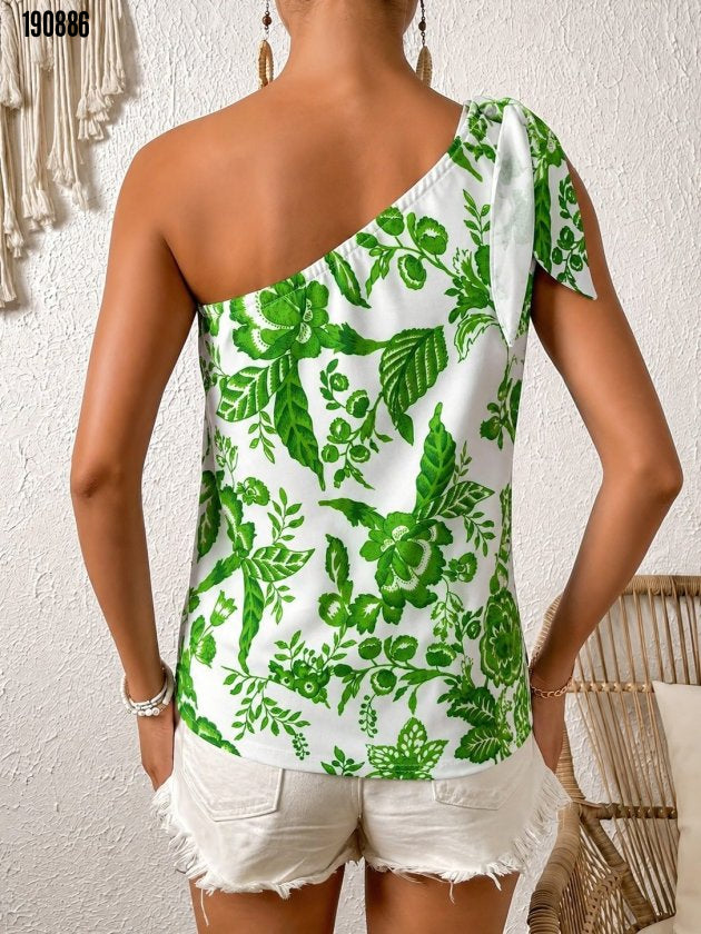 Kadın tek omuzdan askılı fiyonklu çiçek desenli süprem bluz