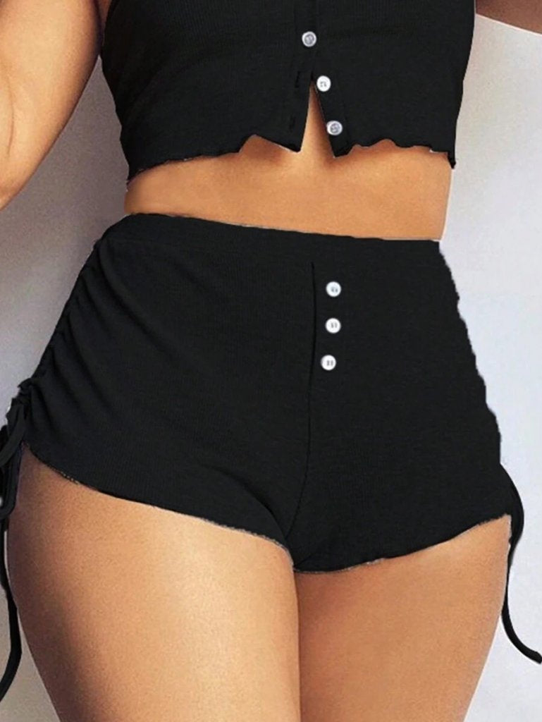 Kadın Ip Askılı Crop Bluz Ve Yanlardan Büzgülü Ikili Kaşkorse Short Takım (164212)