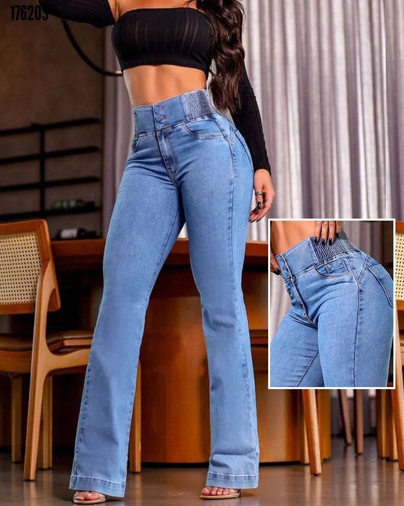 Kadın yüksek bel yanları lastik önü düğmeli kot pantolon