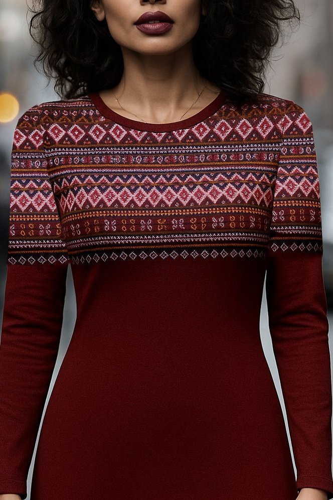 Kadın Uzun Kollu Bisiklet Yaka Etnik Desenli Kısa şardonlu Dalgıç Elbise (175576)