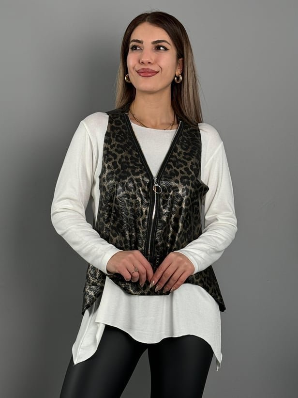 Kadın Yılan Desen Fermuar Detay Yelek Ve Asimetrik Kesim Bluz Salaş Ikili Takım (137247)