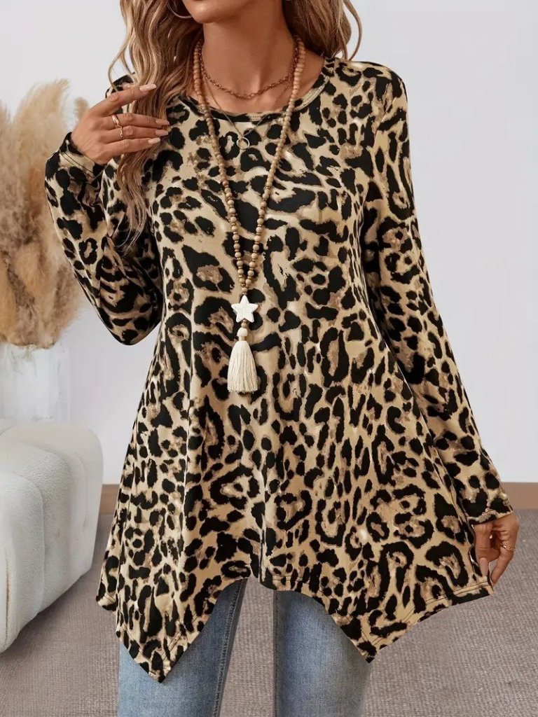 Kadın Uzun Kollu Bisiklet Yaka Leopar Desenli Süprem Bluz (173107)