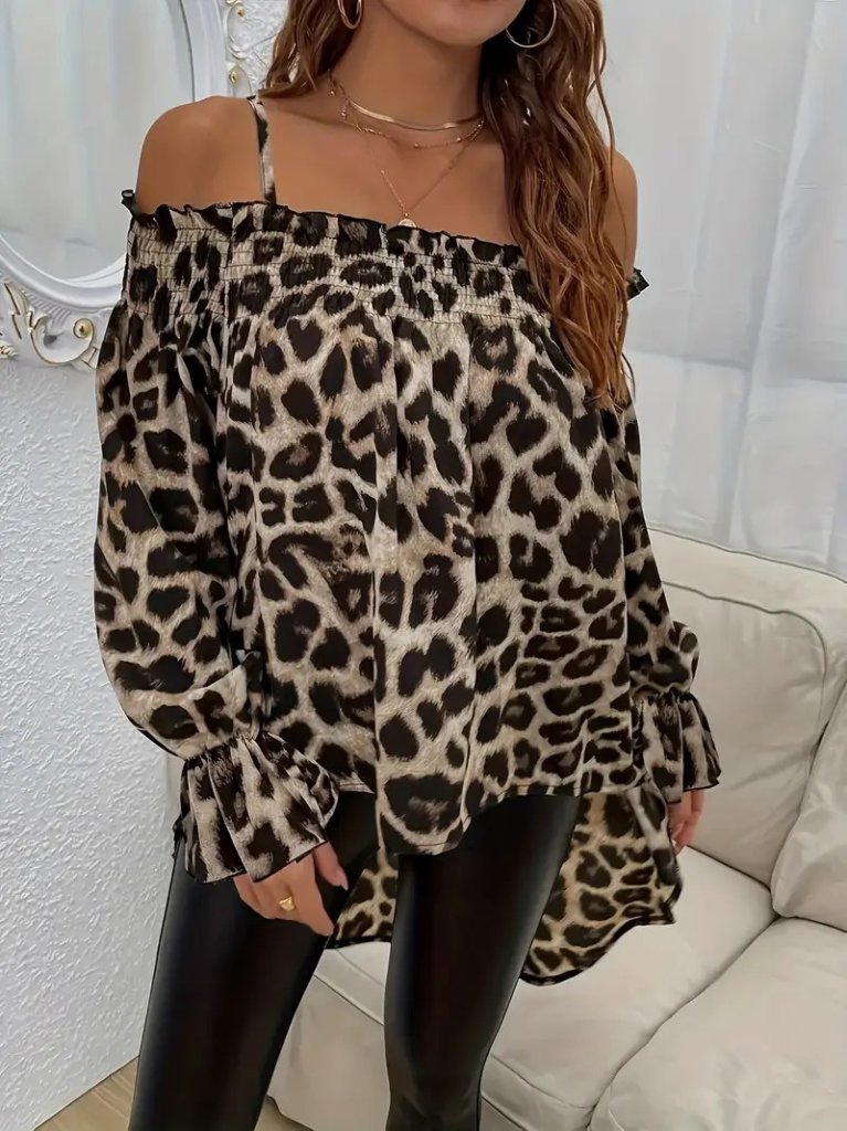 Kadın Ip Askılı Omuzlardan Açık Leopar Desenli Asimetrik Kesim Süprem Bluz (172866)