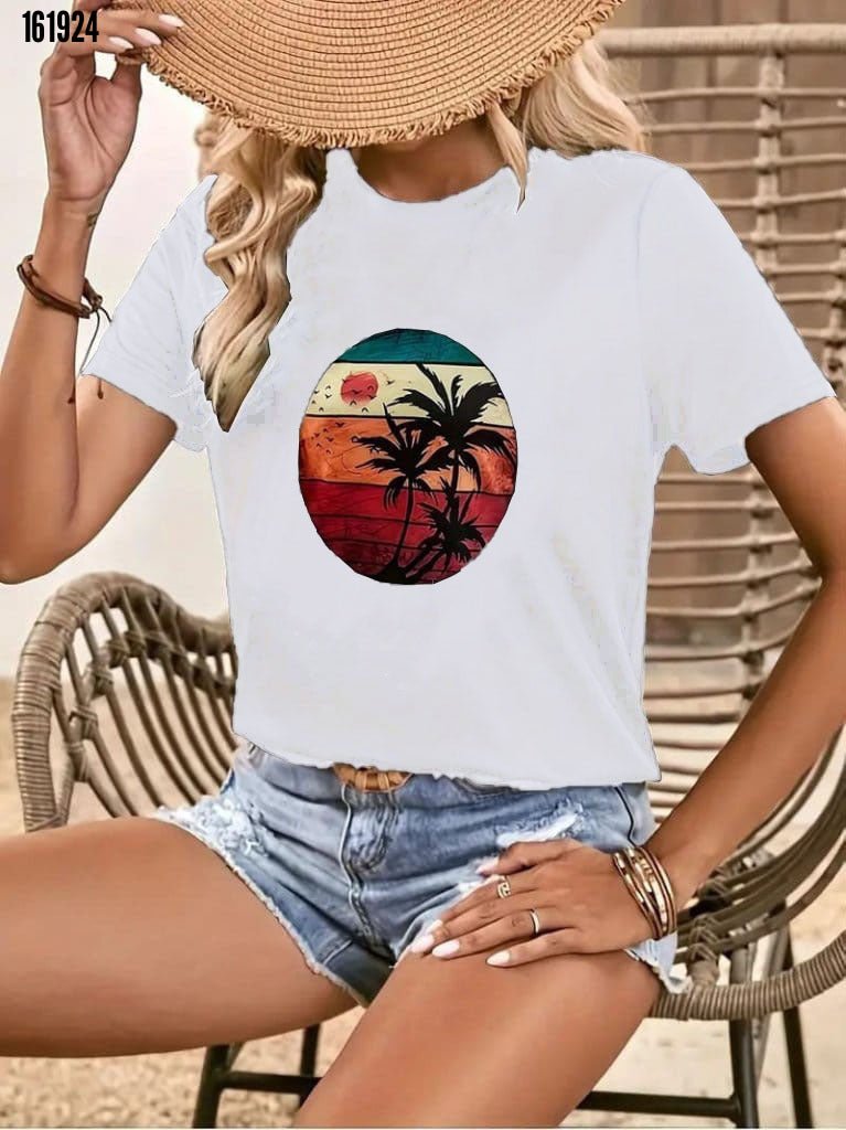 Kadın kısa kollu palmiye baskılı viskon tshirt