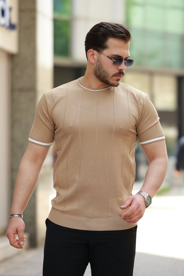 Erkek Bisiklet Yaka çizgi Desenli Ribanalı Kısa Kollu Tshirt (159137)
