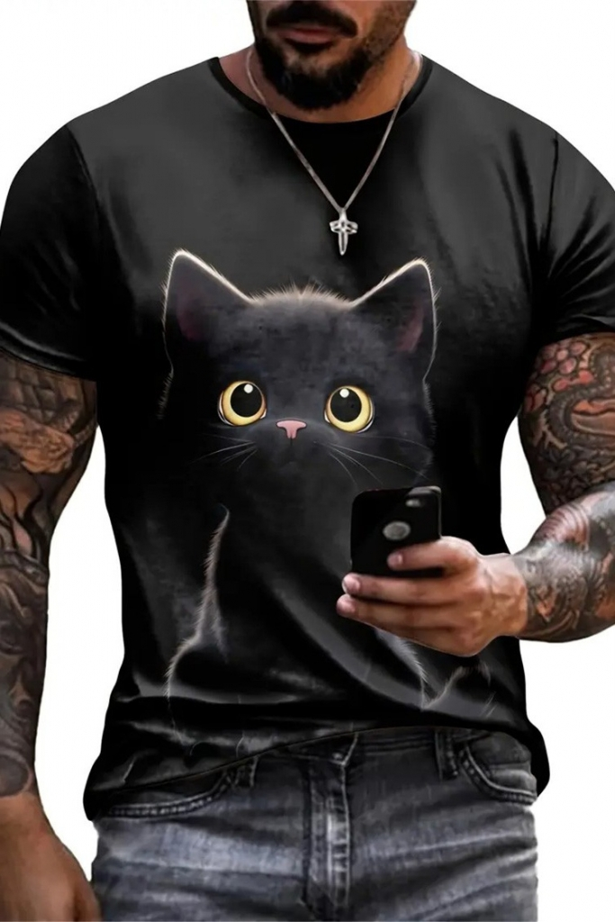 Erkek Bisiklet Yaka Kedi Baskılı Süprem T-shirt (123493)