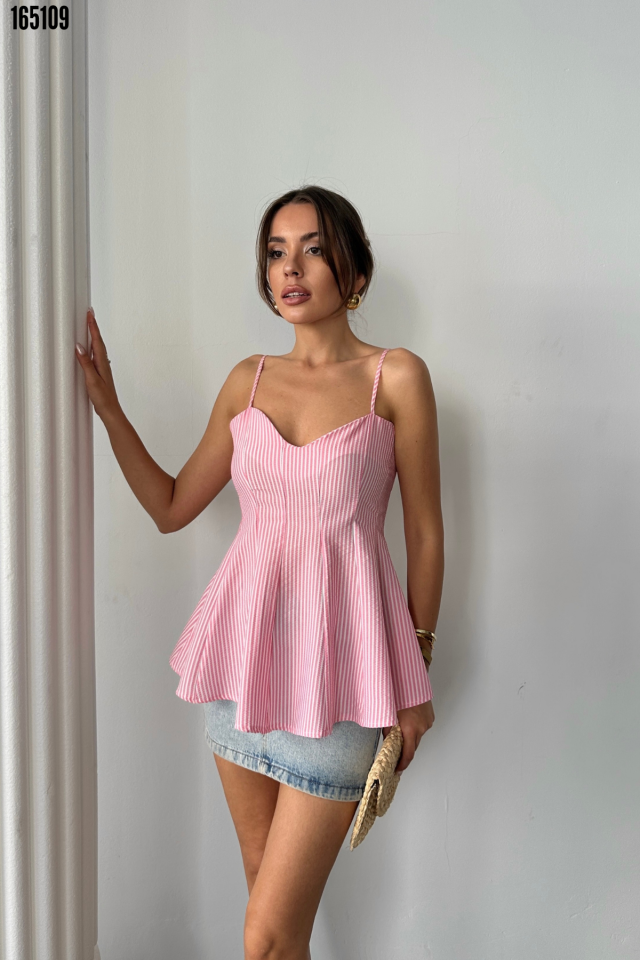 ÇİZGİLİ GOFRE ASKILI PENS DETAYLI BLUZ Pembe