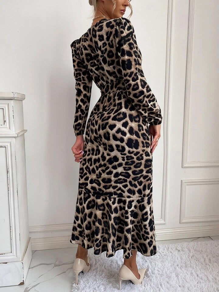 Kadın Uzun Kollu Kruvaze Yakalı Belden Kuşaklı Leopar (173694)