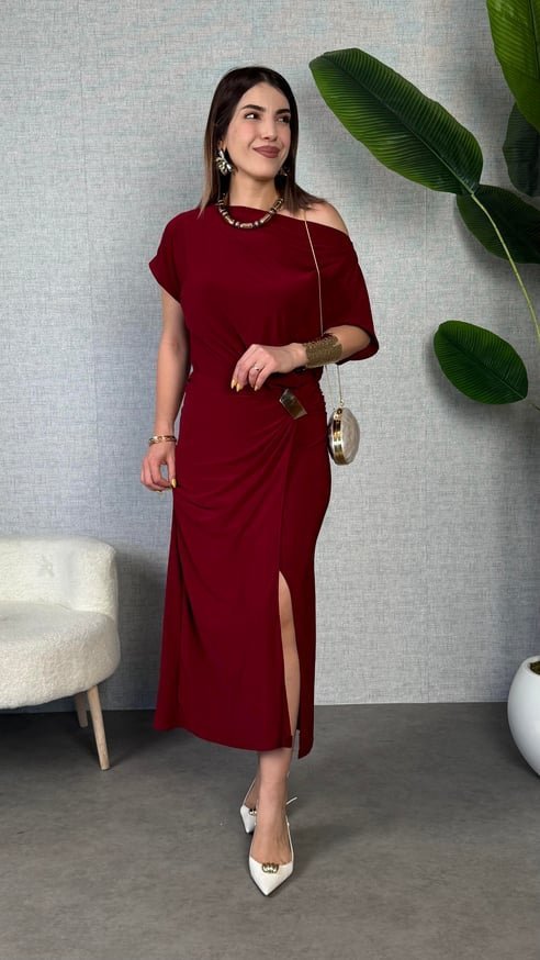 Kadın Kısa Kollu Tek Omuzdan Açık Beli Lastikli Sandy Maxi Elbise (172024)
