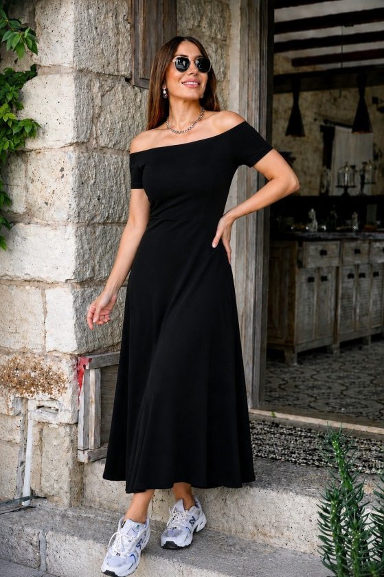 Kadın Omuzlardan Açık Lastikli Uzun Viskon Elbise (189771)