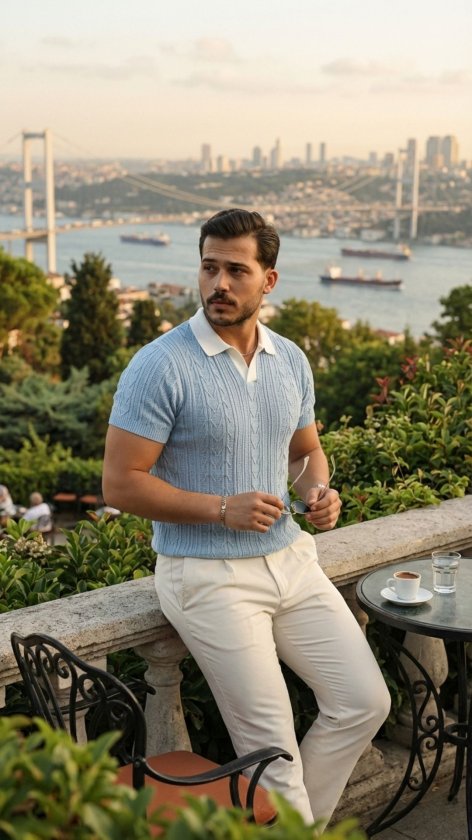 Erkek Desenli Kısa Kollu Triko Tişört - %100 Pamuk Akrilik (186322)