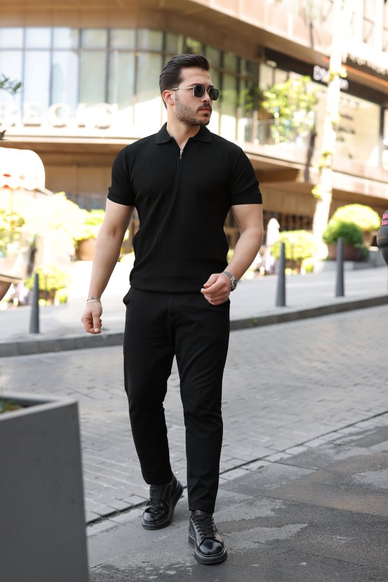 Erkek Fermuarlı Yakalı Kısa Kollu Tshirt (159165)
