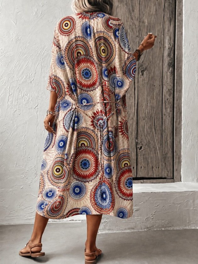 Kadın Kısa Kollu Önü Açık Belden Kuşaklı Uzun Kimono (192658)