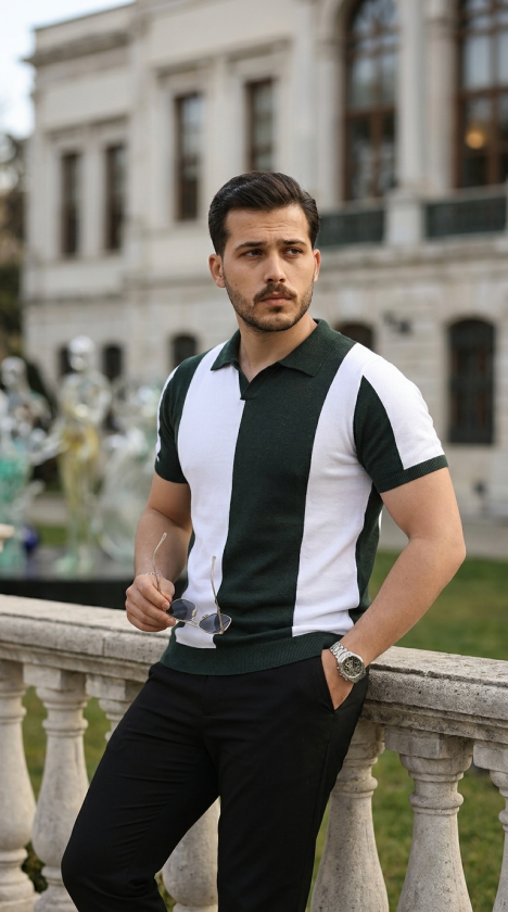 Erkek Kısa Kollu Polo Yakalı Blok Desenli Triko Bluz (189235)