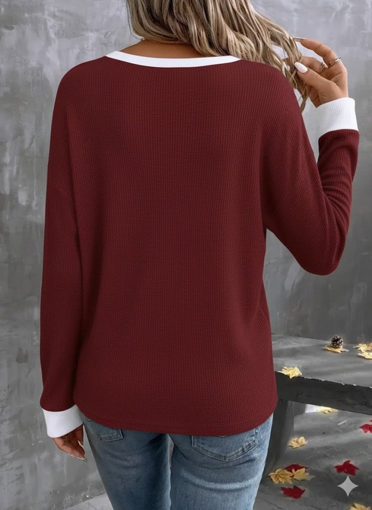 Kadın Uzun Kollu V Yakalı Waffle Bluz (175063)