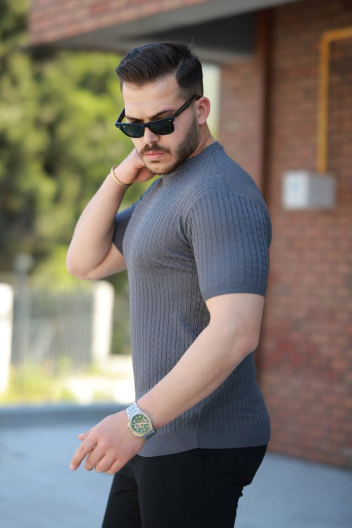 Erkek Bisiklet Yaka örgü Desenli Kısa örme Triko Kısa Kollu T-shirt (161503)
