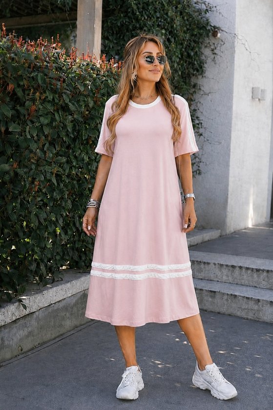 Kadın Kısa Kollu Bisiklet Yaka şerit Detaylı Midi Viskon Elbise (188040)