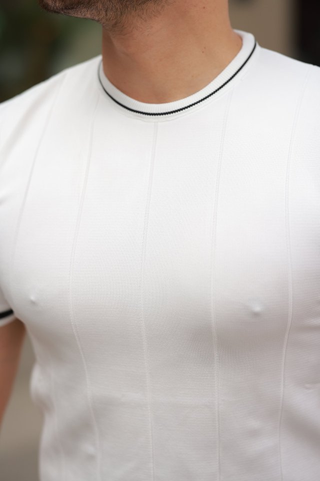 Erkek Bisiklet Yaka çizgi Desenli Ribanalı Kısa Kollu Tshirt (160903)
