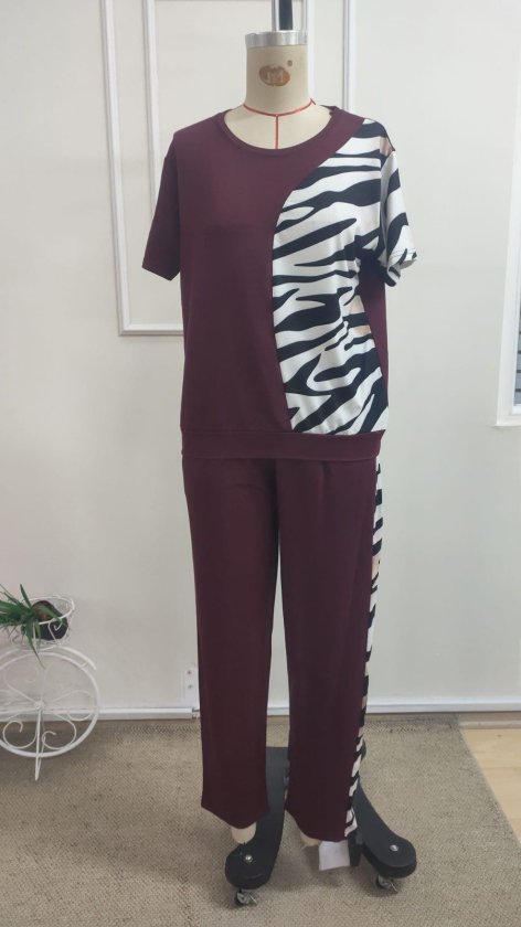 Kadın Kısa Kollu Bisiklet Yaka Zebra Desen Bluz Ve Pantolon Ikili Takım (190594)
