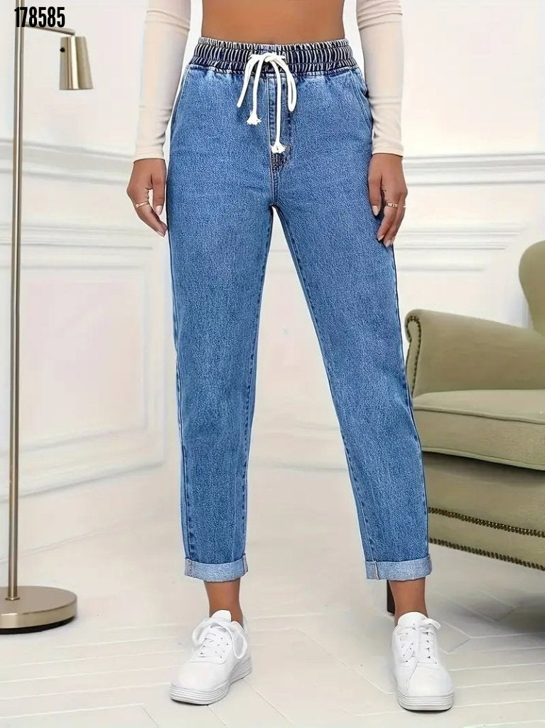 Kadın yüksek bel bağcıklı kot pantolon