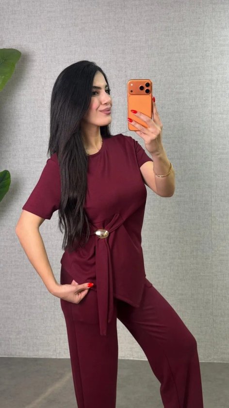 Kadın Kısa Kollu Bisiklet Yaka Yandan Toka Detaylı Viskon Iki Iplik Bluz Ve Pantolon Ikili Takım (190554)