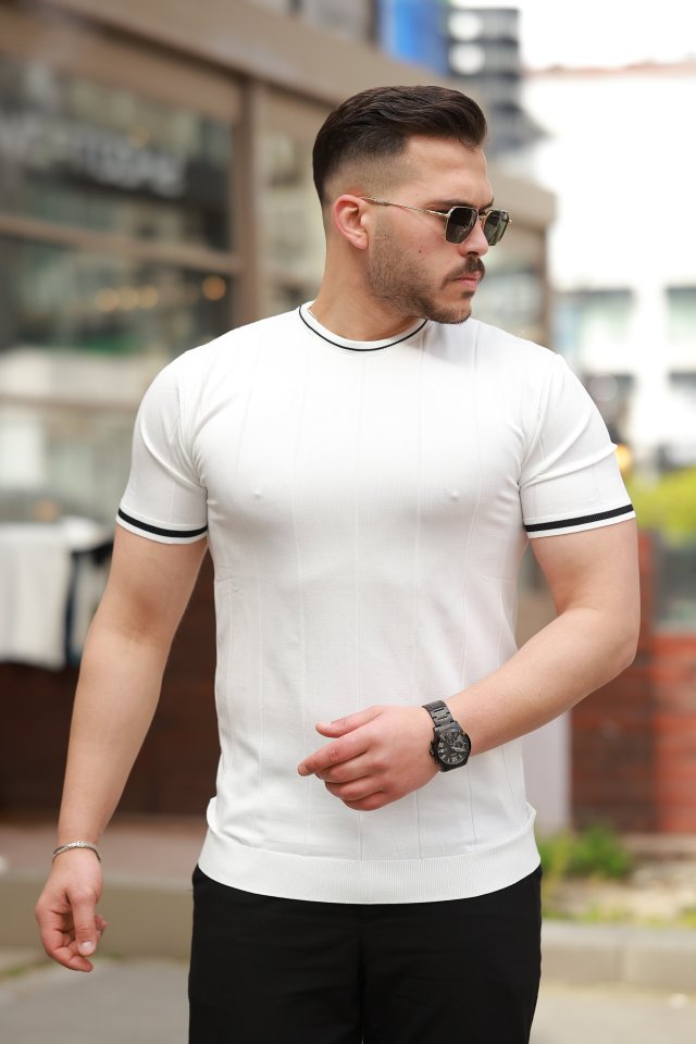 Erkek Bisiklet Yaka çizgi Desenli Ribanalı Kısa Kollu Tshirt (160903)